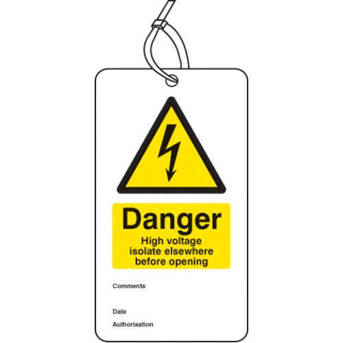 Danger - High Voltage Isolate Elsewhere - Double Sided Safety Tag